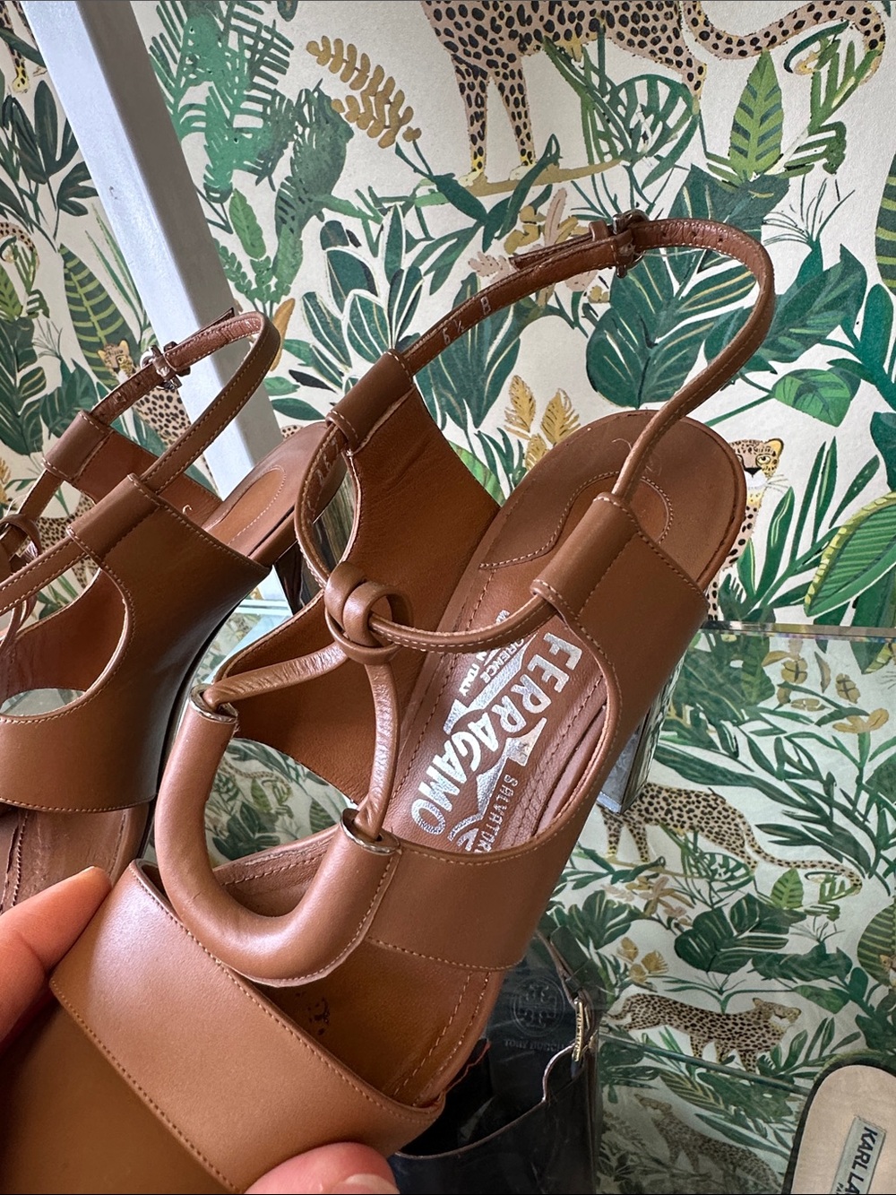 Salvatore Ferragamo Tan Leather T-Strap Heeled Sandals - Picture 2 of 8